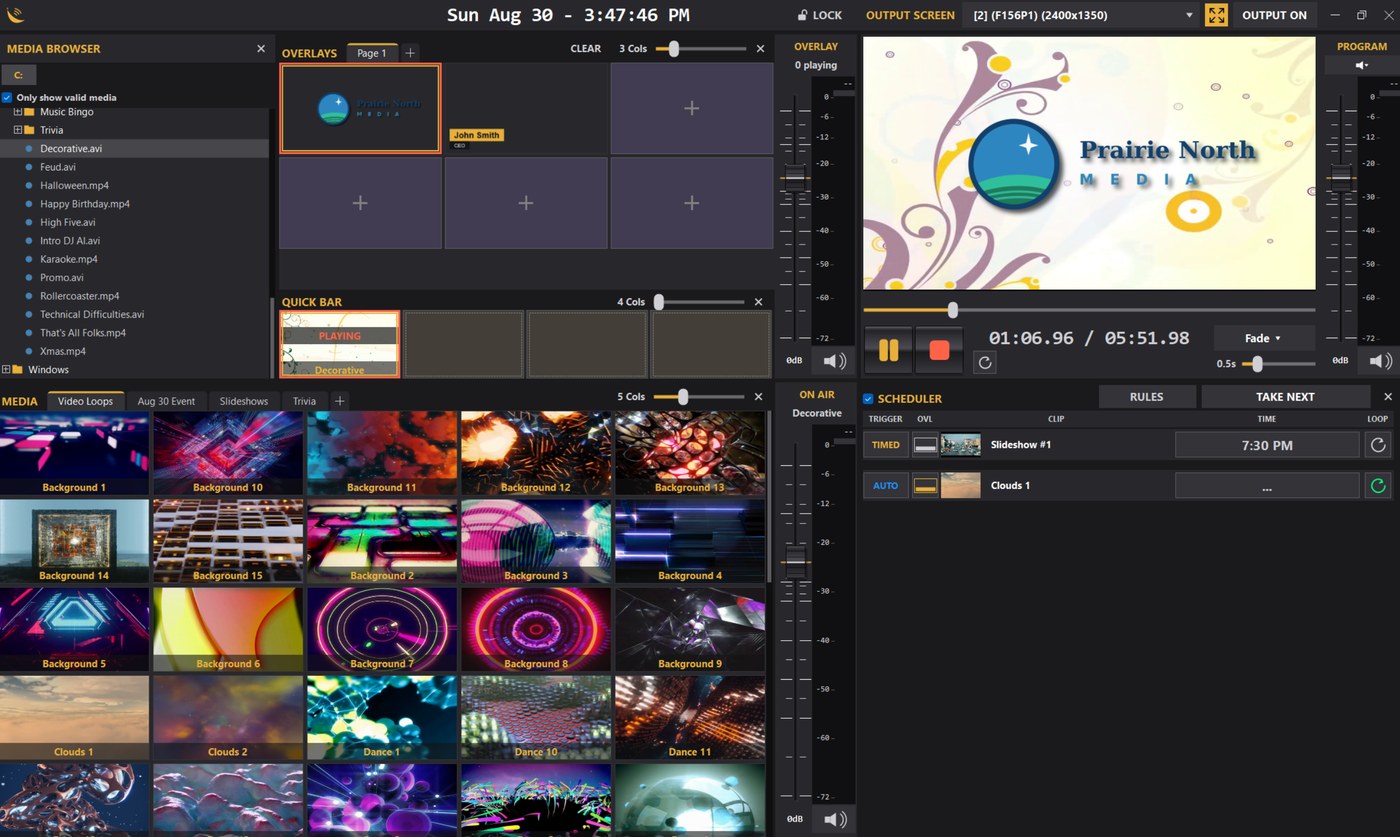 BananaDeck, a live event production application built by Prairie North Media, showing its media browser, overlay grid and program output